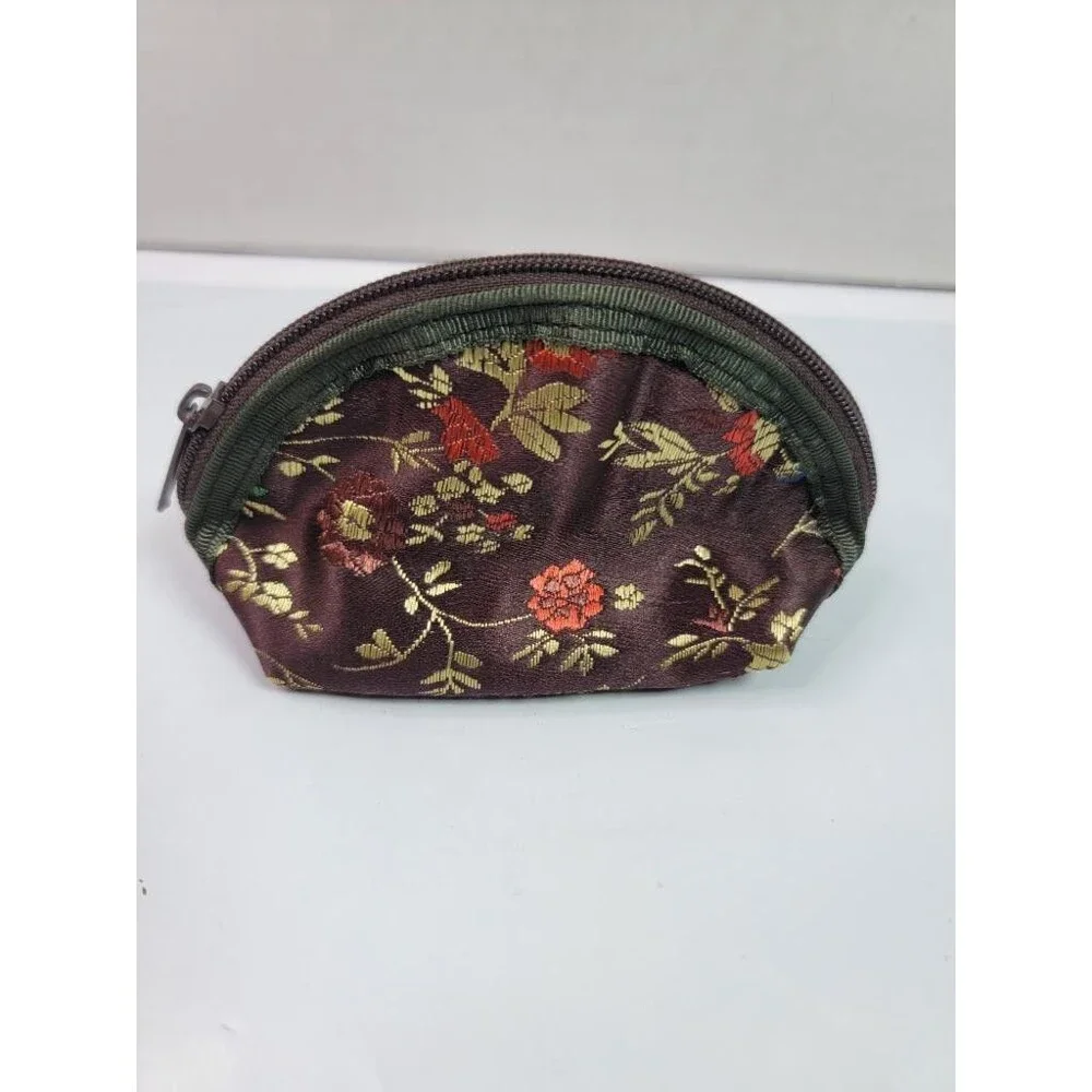 Vintage Asian Brocade Floral Coin Purse Brown Gold Small Zippered Makeup Pouch